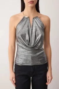 TRENDYOLMİLLA Silver Accessory Detailed Off-Shoulder Neck Knitting Party Blouse - Image 3