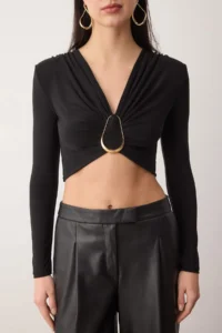 TRENDYOLMİLLA Black Hair Clip Detailed V-neck LONG Knitting Sandy Party Blouse - Image 3