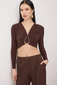 TRENDYOLMİLLA Brown Hair Clip Detailed V-neck LONG Knitting Sandy Party Blouse - Image 2