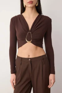 TRENDYOLMİLLA Brown Hair Clip Detailed V-neck LONG Knitting Sandy Party Blouse - Image 3