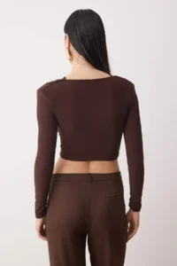 TRENDYOLMİLLA Brown Hair Clip Detailed V-neck LONG Knitting Sandy Party Blouse - Image 4