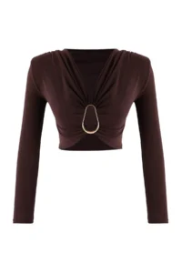 TRENDYOLMİLLA Brown Hair Clip Detailed V-neck LONG Knitting Sandy Party Blouse - Image 5