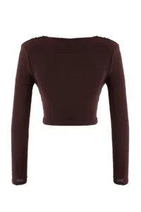 TRENDYOLMİLLA Brown Hair Clip Detailed V-neck LONG Knitting Sandy Party Blouse - Image 6