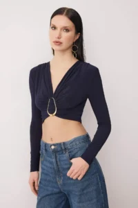 TRENDYOLMİLLA Navy Blue Hair Clip Detailed V-neck LONG Knitting Sandy Party Blouse - Image 2