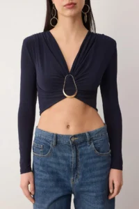 TRENDYOLMİLLA Navy Blue Hair Clip Detailed V-neck LONG Knitting Sandy Party Blouse - Image 3