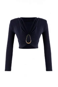 TRENDYOLMİLLA Navy Blue Hair Clip Detailed V-neck LONG Knitting Sandy Party Blouse - Image 5