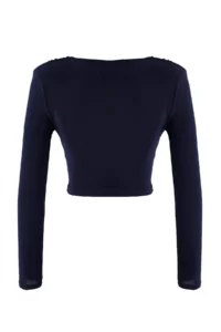 TRENDYOLMİLLA Navy Blue Hair Clip Detailed V-neck LONG Knitting Sandy Party Blouse - Image 6