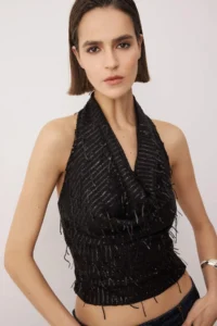 TRENDYOLMİLLA Black Off-Shoulder Neck Fringed Sequin Party Blouse