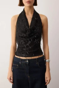 TRENDYOLMİLLA Black Off-Shoulder Neck Fringed Sequin Party Blouse - Image 3