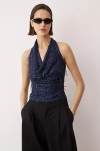 TRENDYOLMİLLA Navy Blue Off-Shoulder Neck Fringed Sequin Party Blouse