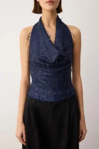 TRENDYOLMİLLA Navy Blue Off-Shoulder Neck Fringed Sequin Party Blouse - Image 3