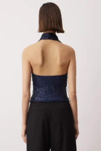 TRENDYOLMİLLA Navy Blue Off-Shoulder Neck Fringed Sequin Party Blouse - Image 4