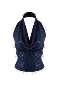TRENDYOLMİLLA Navy Blue Off-Shoulder Neck Fringed Sequin Party Blouse - Image 5