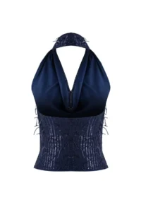 TRENDYOLMİLLA Navy Blue Off-Shoulder Neck Fringed Sequin Party Blouse - Image 6