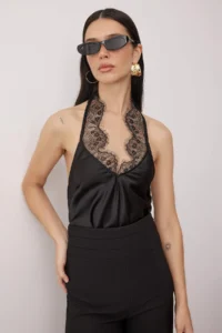 TRENDYOLMİLLA Black V-neck Lace Detailed Satin Party Blouse
