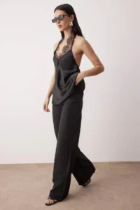 TRENDYOLMİLLA Black V-neck Lace Detailed Satin Party Blouse - Image 2