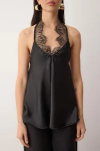 TRENDYOLMİLLA Black V-neck Lace Detailed Satin Party Blouse - Image 3