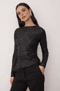 TRENDYOLMİLLA Black Boat Neck Knitting Party Blouse
