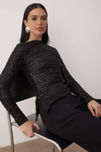 TRENDYOLMİLLA Black Boat Neck Knitting Party Blouse - Image 2