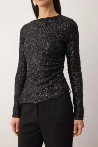 TRENDYOLMİLLA Black Boat Neck Knitting Party Blouse - Image 3