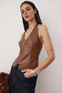 TRENDYOLMİLLA Dark Brown V-neck Faux Leather Zipper Detailed Party Blouse