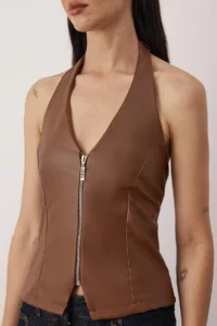 TRENDYOLMİLLA Dark Brown V-neck Faux Leather Zipper Detailed Party Blouse - Image 3