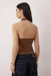 TRENDYOLMİLLA Dark Brown V-neck Faux Leather Zipper Detailed Party Blouse - Image 4