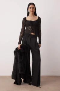 TRENDYOLMİLLA Black Square Neck Unlined Lace Party Blouse - Image 2