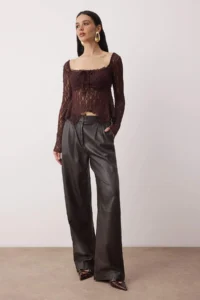 TRENDYOLMİLLA Burgundy Square Neck Unlined Lace Party Blouse - Image 2