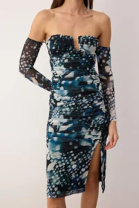 TRENDYOLMİLLA Multicolored Patterned Fitted Carmen Collar Lined Tulle Midi Dress - Image 3