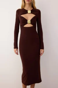 TRENDYOLMİLLA Brown Cut-Out Detailed with accessories Knitting Midi Lined Dress - Image 3