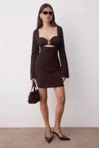TRENDYOLMİLLA Brown Accessory Detailed Weaving Mini Chic Dress