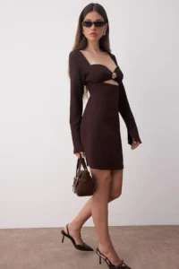 TRENDYOLMİLLA Brown Accessory Detailed Weaving Mini Chic Dress - Image 2