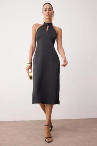 TRENDYOLMİLLA Black Satin Midi Chic Evening Gown Gece Graduation Dress - Image 3
