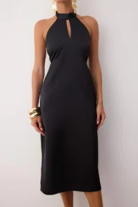 TRENDYOLMİLLA Black Satin Midi Chic Evening Gown Gece Graduation Dress - Image 5