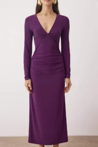 TRENDYOLMİLLA Plum Fitted Maxi Lined Dress - Image 3