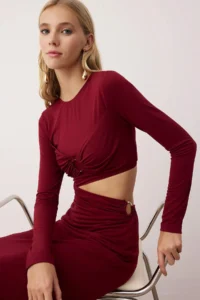 TRENDYOLMİLLA Burgundy Accessory and Waist Cut-Out Detailed Knitting her dress - Image 3