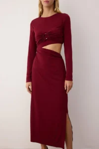 TRENDYOLMİLLA Burgundy Accessory and Waist Cut-Out Detailed Knitting her dress - Image 4