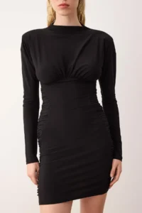 TRENDYOLMİLLA Black Plain Ruffle / Drape Knitting Mini Unlined Dress - Image 3