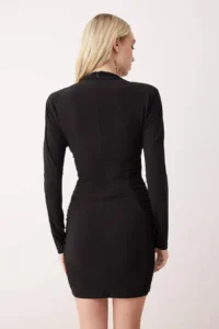 TRENDYOLMİLLA Black Plain Ruffle / Drape Knitting Mini Unlined Dress - Image 4