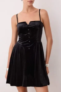 TRENDYOLMİLLA Black Plain buttoned Knitting Velvet Mini Unlined Dress - Image 3