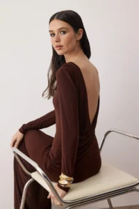 TRENDYOLMİLLA Brown Back Detailed Knitting Maxi Unlined Dress