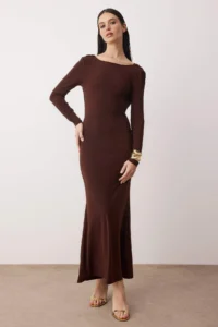 TRENDYOLMİLLA Brown Back Detailed Knitting Maxi Unlined Dress - Image 2