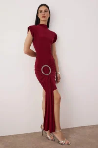 TRENDYOLMİLLA Burgundy Special Accessory Detailed Knitting Mini Unlined her dress - Image 2