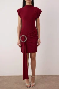 TRENDYOLMİLLA Burgundy Special Accessory Detailed Knitting Mini Unlined her dress - Image 3