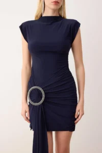 TRENDYOLMİLLA Navy Blue Special Accessory Detailed Knitting Mini Unlined Dress - Image 3