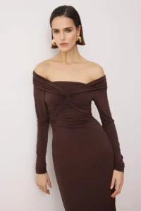 TRENDYOLMİLLA Dark Brown Collar Detailed Knitting Midi Unlined Elegant/Evening Dress
