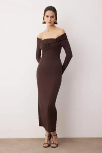 TRENDYOLMİLLA Dark Brown Collar Detailed Knitting Midi Unlined Elegant/Evening Dress - Image 2