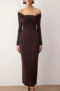 TRENDYOLMİLLA Dark Brown Collar Detailed Knitting Midi Unlined Elegant/Evening Dress - Image 3