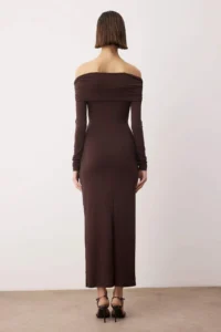 TRENDYOLMİLLA Dark Brown Collar Detailed Knitting Midi Unlined Elegant/Evening Dress - Image 4